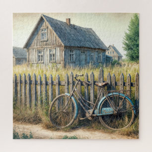 Puzzle Vieux vélo abandonné sur une clôture rustique