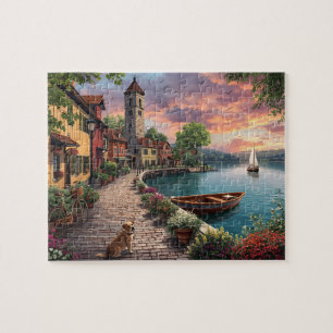 Puzzle Village au bord du lac au coucher du soleil Chien