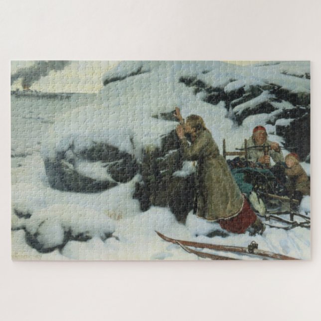 Puzzle Village brûlé en hiver (par Albert Edelfeue) (Horizontal)