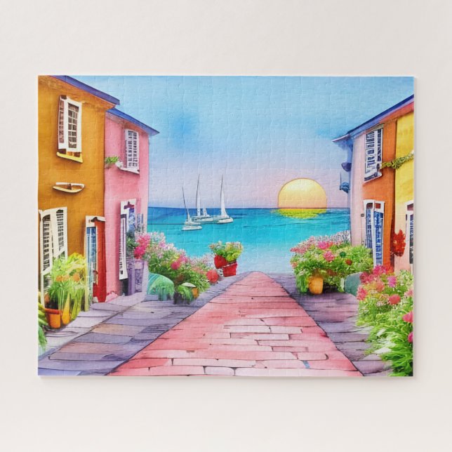 Puzzle Village côtier au coucher du soleil aquarelle  (Horizontal)