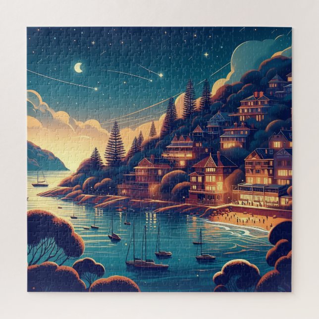 Puzzle Village côtier fantaisiste sous le ciel étoilé de  (Vertical)