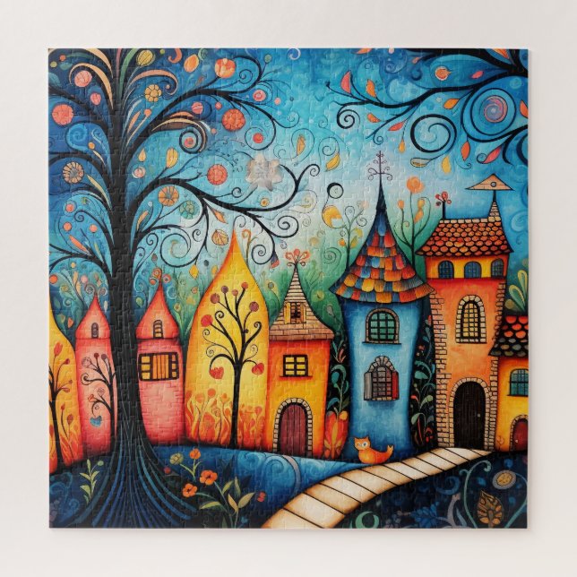 Puzzle Village d'aquarelle couleur Whimsical (Vertical)