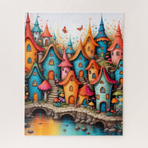 Puzzle Village de conte de fées coloré au bord de l'eau