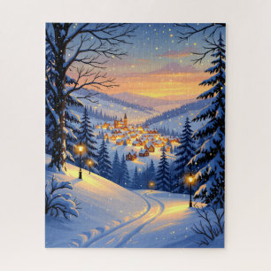 Puzzle Village de neige au coucher du soleil avec lampes 