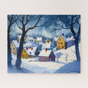 Puzzle Village de neige endormi - Aquarelle