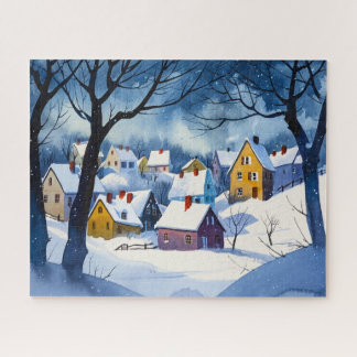 Puzzle Village de neige endormi - Aquarelle