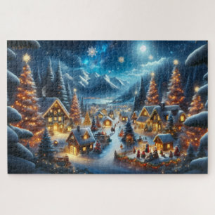 Puzzle Village de Noël magique sous la neige et la lumièr
