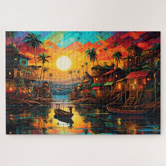Puzzle 🌅 village de pêcheurs Amazonie coucher de soleil (Horizontal)