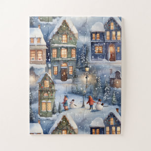 Puzzle Village des neiges d'hiver de nuit