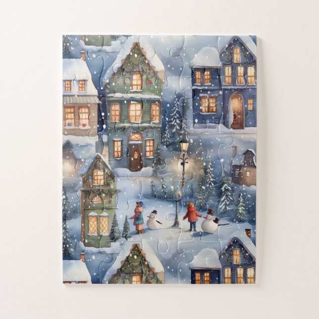 Puzzle Village des neiges d'hiver de nuit (Vertical)