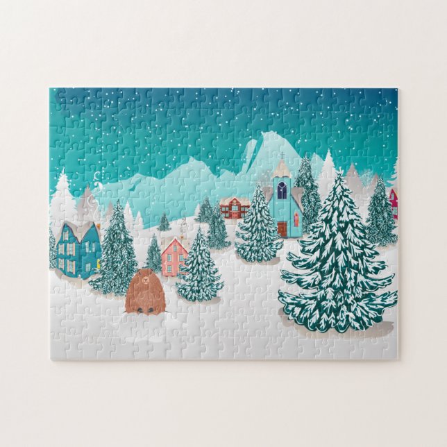 Puzzle Village d'hiver et marmotte (Horizontal)