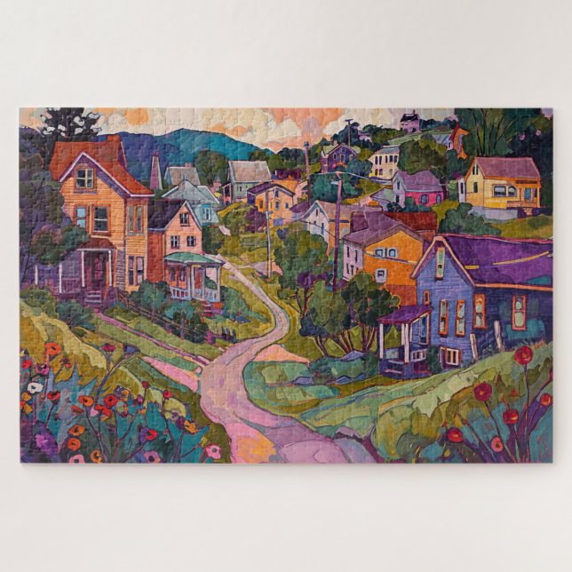 Puzzle Ville de colline endormie - Aquarelle (Horizontal)