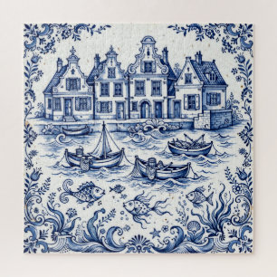Puzzle Ville de Delft & Port de Pêche Bleu Cobalt Blanc