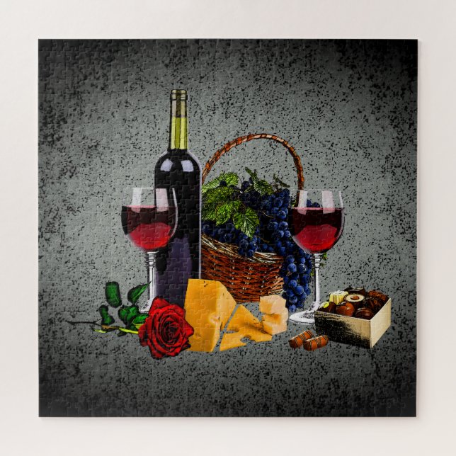 Puzzle Vin romantique, bouteille, fromage, raisin, gris (Horizontal)