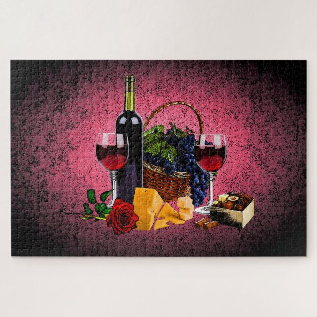 Puzzle Vin romantique, bouteille, fromage, raisin, rose (Horizontal)