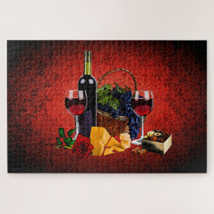 Puzzle Vin romantique, bouteille, fromage, raisin, rouge