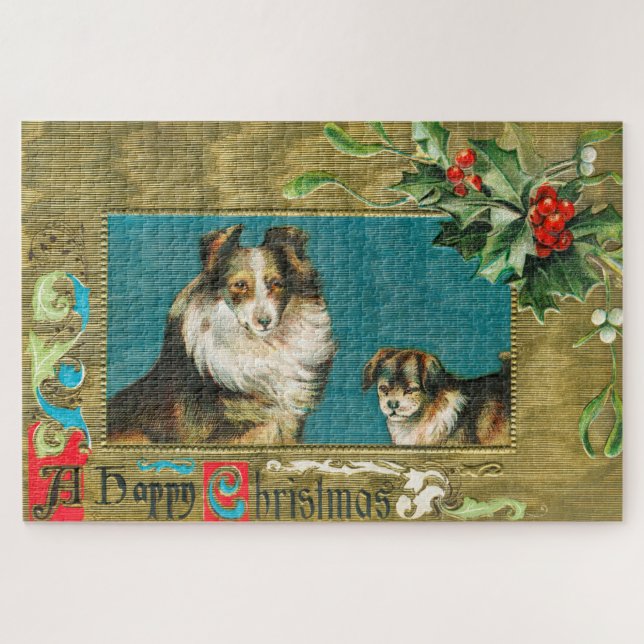 Puzzle Vintage 1908 Collie Dogs Gold Joyeux Noël (Horizontal)