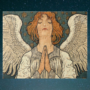 Puzzle Vintage ange religieux priant avec des étoiles d'o