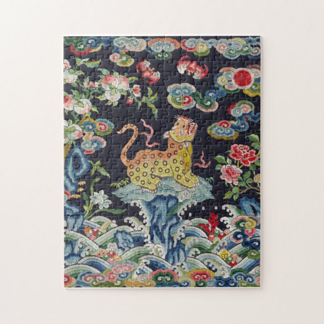 Puzzle vintage antique léopard fleurs broderie textile (Vertical)