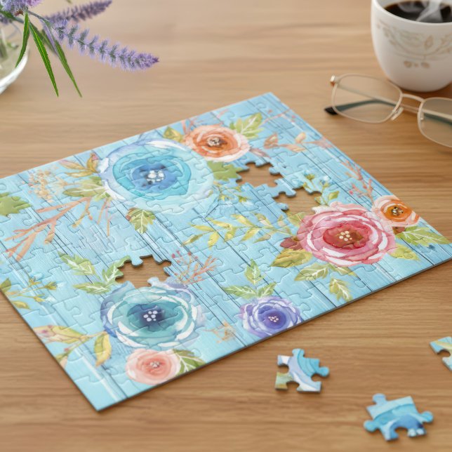 Puzzle Vintage aquarelle fleurie rustique pays bois bleu (Créateur téléchargé)