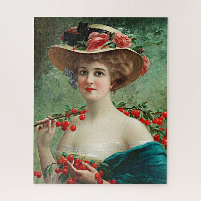 Puzzle Vintage Belle Lady Flower Casquette & Cerises roug (Vertical)