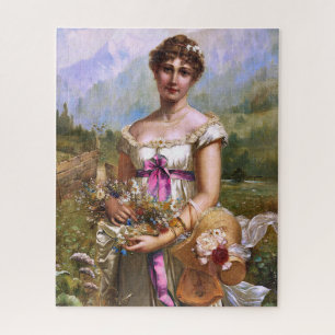 Puzzle Vintage Belle Lady rose Ruban Fleurs blanches