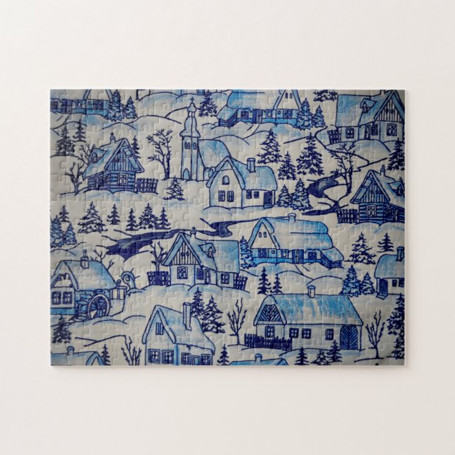 Puzzle Vintage Blue Christmas Village (Horizontal)