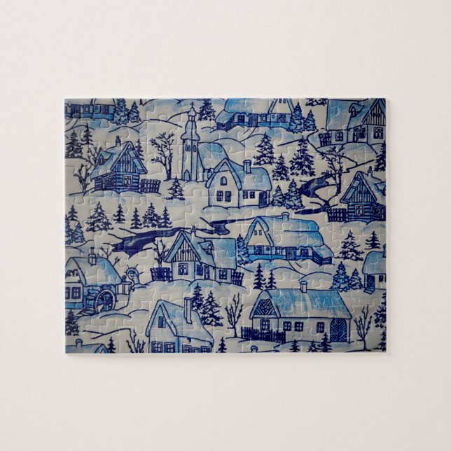 Puzzle Vintage Blue Christmas Village (Horizontal)