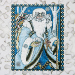 Puzzle Vintage Christmas, Blue Santa Claus with Snowglobe<br><div class="desc">Vintage illustration Victorian style Merry Christmas holiday design featuring a jolly Santa Claus in the forest. Saint Nicholas is dressed in a blue coat holding a snow globe in one hand, and a cane in the other. A cute teddy bear hangs from his coat and a sack of toys is...</div>