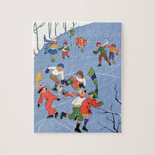 Puzzle Vintage Christmas, Enfants Patinage sur glace sur  (Vertical)