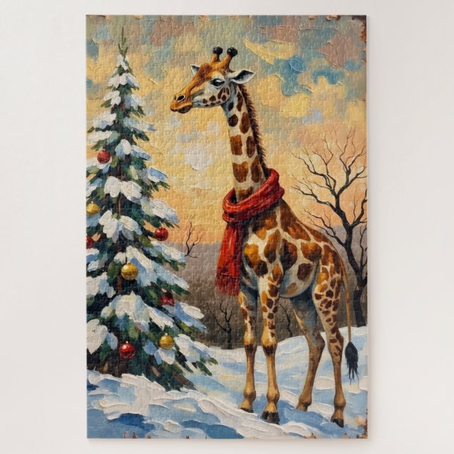 Puzzle Vintage Christmas Giraffe in Snowy Savanna (Vertical)