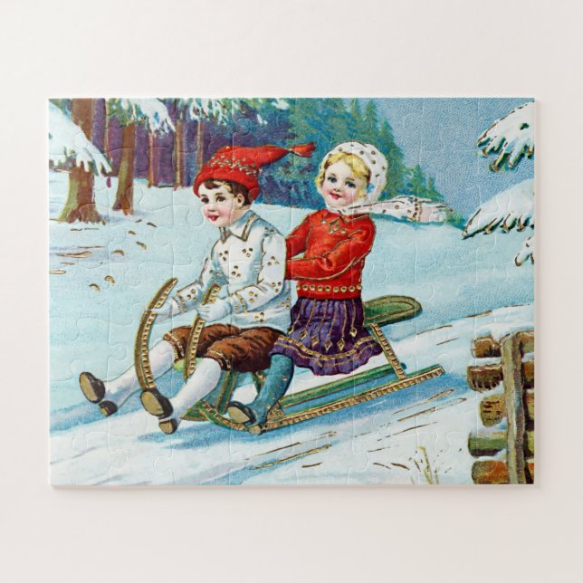 Puzzle Vintage Christmas Kids Sled Patient Alzheimer (Horizontal)
