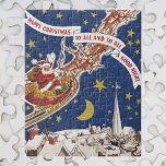 Puzzle Vintage Christmas Santa Claus With Flying Reindeer<br><div class="desc">Vintage illustration Merry Christmas holiday design from the classic children's story book "Twas the Night Before Christmas." This image is the back cover art featuring a jolly Santa Claus flying in the sky with his sleigh, reindeer and a sack full of toys on Christmas Eve with bright, twinkling, yellow stars...</div>