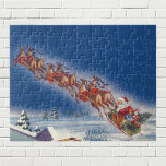 Puzzle Vintage Christmas, Santa Flying Sleigh w Reindeer<br><div class="desc">Vintage illustration Merry Christmas holiday image featuring a jolly Santa Claus with his reindeer. They are flying his sleigh full of toys through the blue sky and over a sleeping town covered with snow in winter on Christmas Eve. Ho,  ho,  ho Happy Holidays and Season's Greetings!</div>