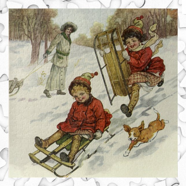 Puzzle Vintage Christmas, Victorian Children Sledding Dog (Créateur téléchargé)