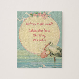 Puzzle Vintage cigogne avec petite fille dans une couvert