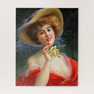 Puzzle Vintage Dame En Rouge Casquette Et Rose Jaune