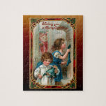 Puzzle Vintage Father Christmas | Enfants | Ornate Frame<br><div class="desc">Beautifully restored Victorian-era holiday illustration featuring Old World Father Christmas with children at the Gezy hearth and Merry Christmas greeting framed by an ornate red,  green and gold ornamental gothic style frame and coordinating artisan background.</div>
