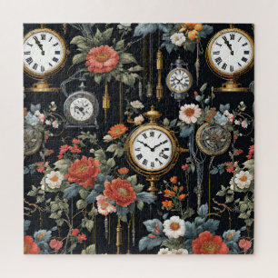 Puzzle Vintage Floral et horloges Fond d'écran noir