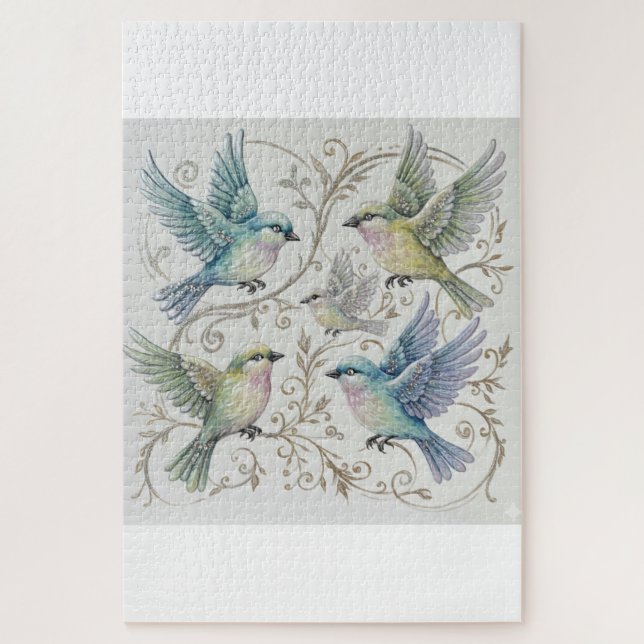 Puzzle Vintage Four Birds Illustration  (Vertical)