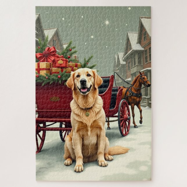 Puzzle Vintage Golden Retriever Christmas Carriage Illust (Vertical)