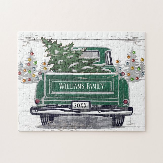 Puzzle Vintage Green Truck Christmas Tree Nom Rustique (Horizontal)