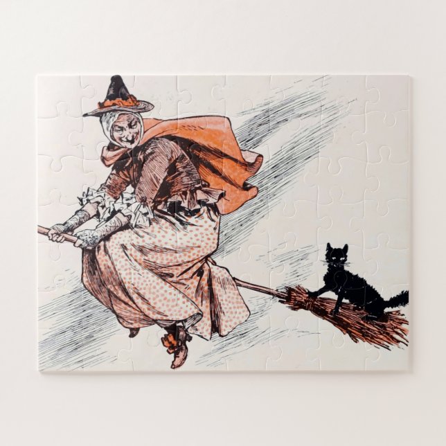 Puzzle Vintage Halloween sorcière chambre avec chat (Horizontal)