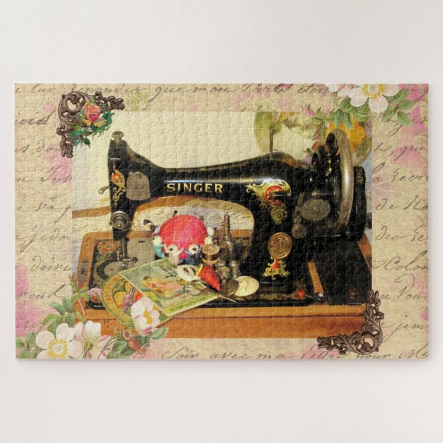 Puzzle Vintage Hand Crank Sewing Machine & Notions (Horizontal)