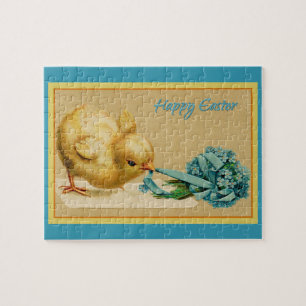 Puzzle Vintage Happy Easter Chick with Blue Flowers