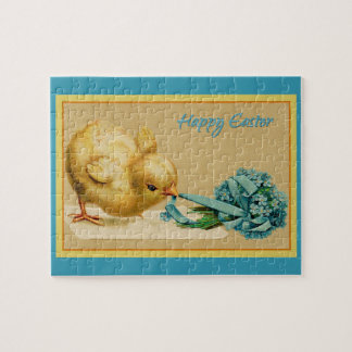 Puzzle Vintage Happy Easter Chick with Blue Flowers