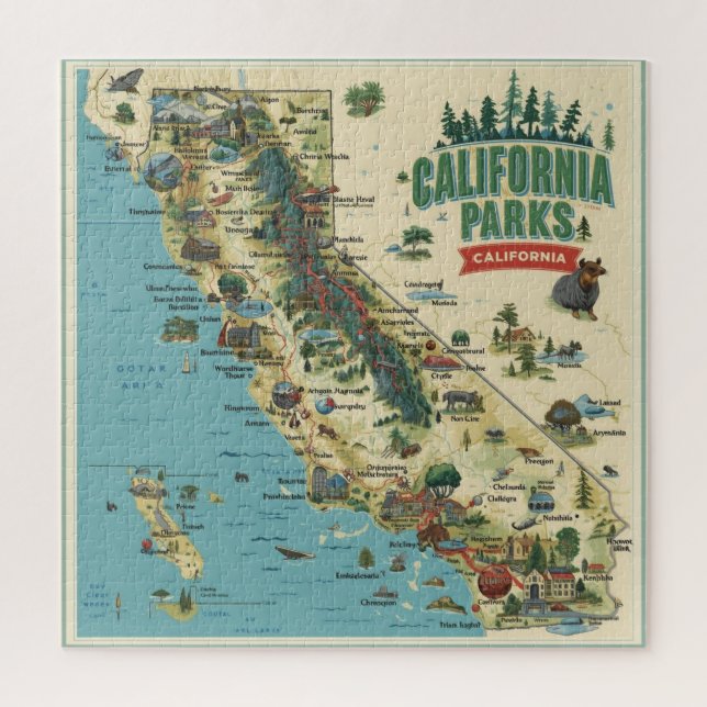 Puzzle Vintage Illustrated California Parks Map Art (Vertical)