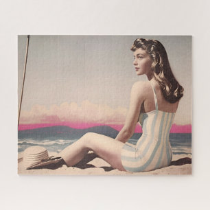Puzzle Vintage Jolie Femme Assis Sur Le Sable De Plage