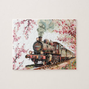 Puzzle Vintage Locomotive Train Engine fleurs de cerisier