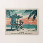 Puzzle Vintage Miami Florida South Beach Skyline Travel<br><div class="desc">Celebrate the vibrant character of Miami with this vintage South Beach skyline artwork. A colorful lifeguard tower rises above golden sands and turquoise waves, framed by lush tropical palms and glowing sunset skies. Inspired by retro travel posters, this pastel-toned illustration captures the laid-back atmosphere and timeless charm of Florida’s most...</div>